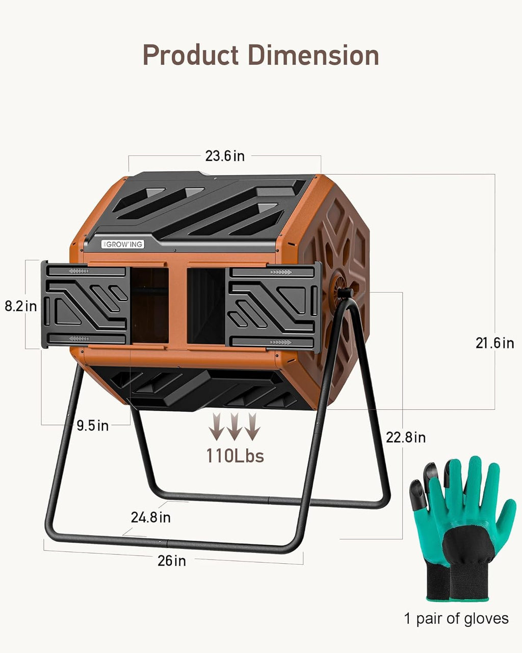 THEGROW'ING Updated 43 Gallon Outdoor Compost Bin. with Thermometer, Fast to Assemble. Tumbling Design, Dual Chambers. Rotating Function, Ideal for Outside, Backyard, Garden, Yard. Orange.