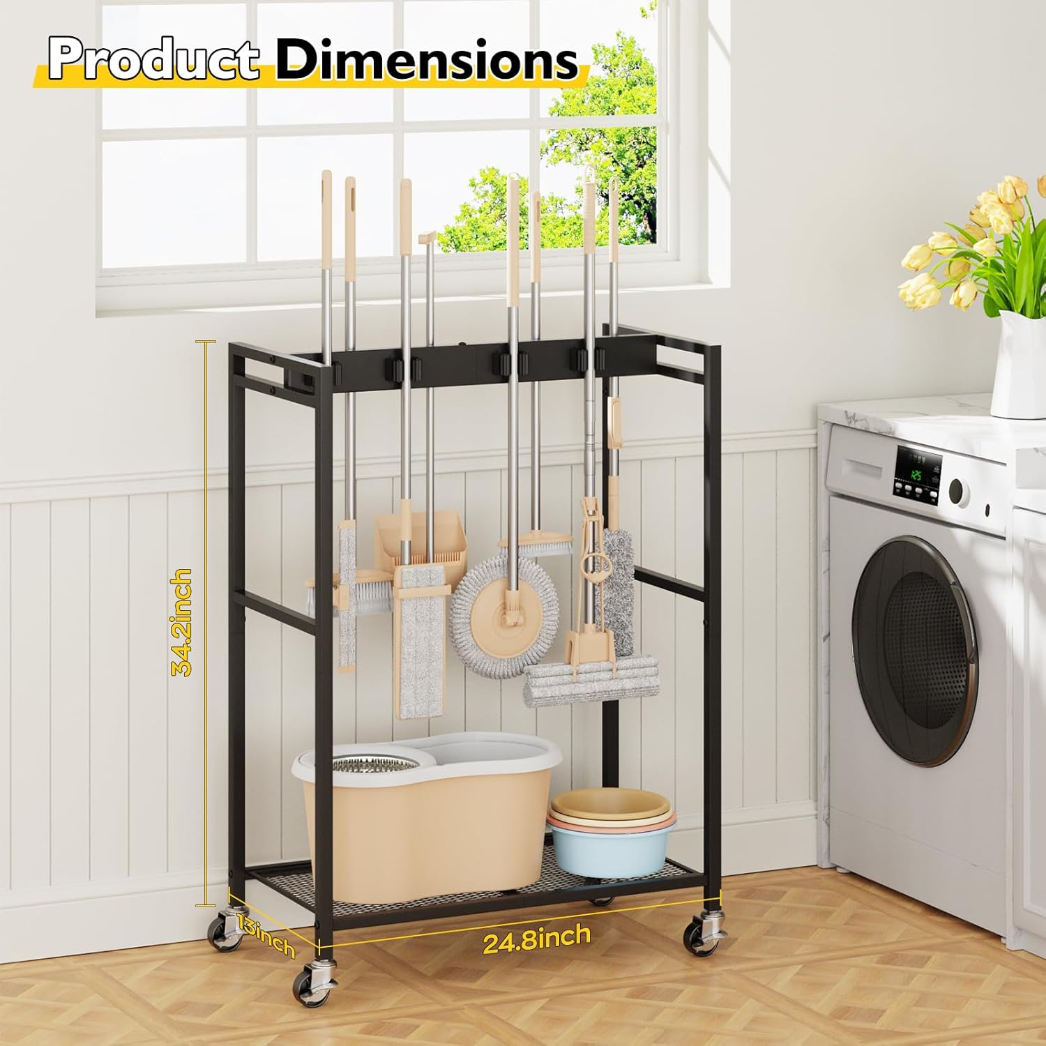 BORISI Broom And Mop Holder, Movable Broom Closet Storage Cabinet, Cleaning Cart with Mop Hanger Gripper Rack, Janitorial Cart, Utility Carts, Laundry Room Organization Home Essentials