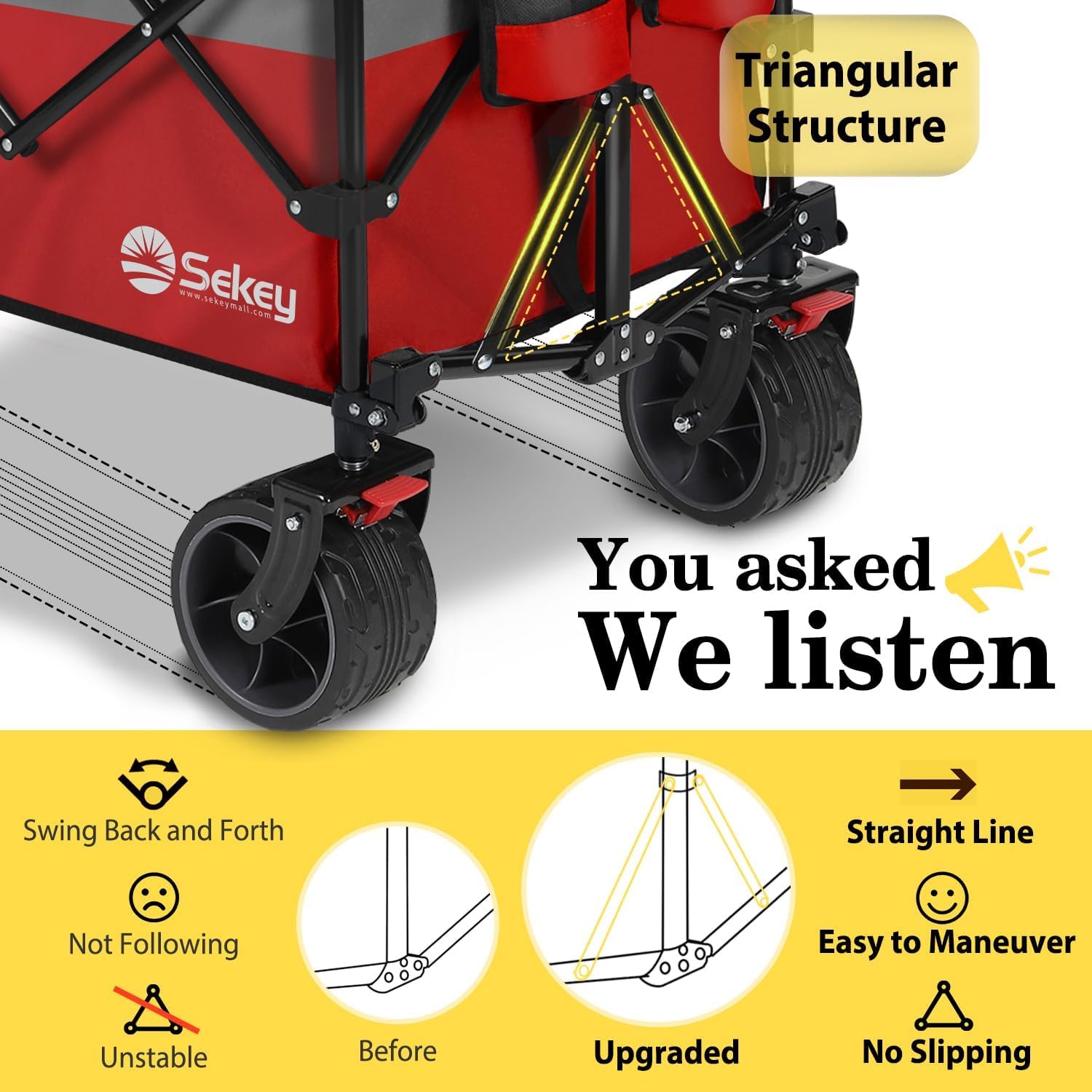 Sekey 48''L Collapsible Foldable Extended Wagon with 440lbs Weight Capacity, Heavy Duty 300L Folding Utility Garden Cart with Big All-Terrain Beach Wheels & Drink Holders. Red&Grey