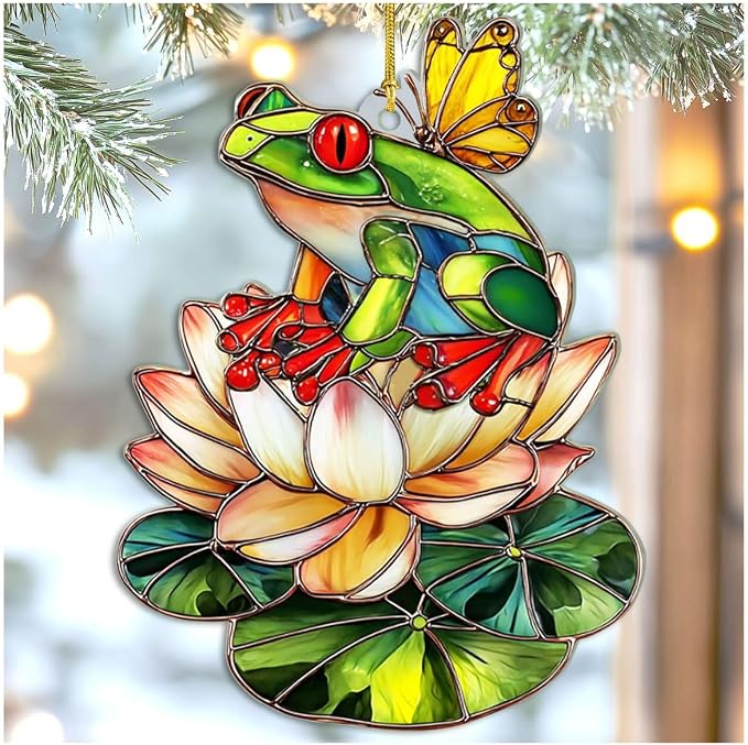 2D Flat Faux Stained Glass Frog Christmas Acrylic Ornament, Frog Ornaments by Unknown