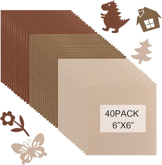 40 Pcs Stiff Felt Fabric Sheet for Crafts, 1mm Thick and 6”x6”Brown Series Felt by Tiparts
