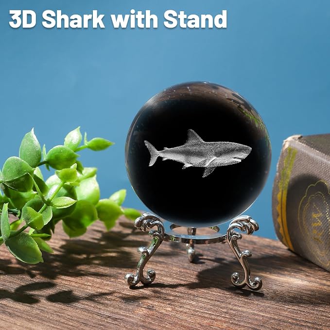3D Shark Crystal Ball with Stand Lase Engraved Glass Sphere Paperweight Shark - Image 3
