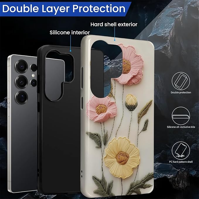 Case for Samsung Galaxy S26 Ultra Case, Faux Embroidery Boho Floral Design- - Image 6
