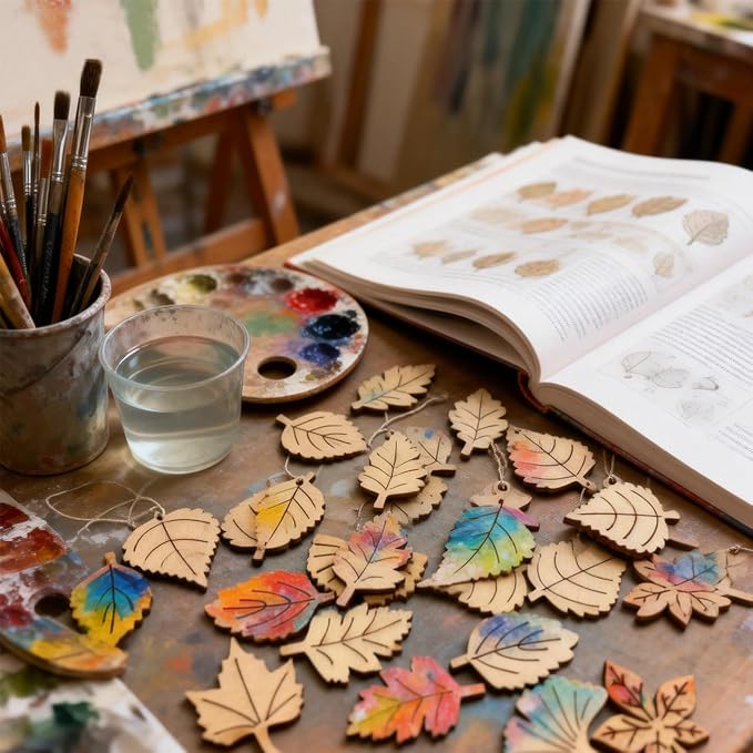 100 Pcs Unfinished Wooden Leaf Cutouts Assorted Leaf Shapes DIY Craft Supplies - Image 3