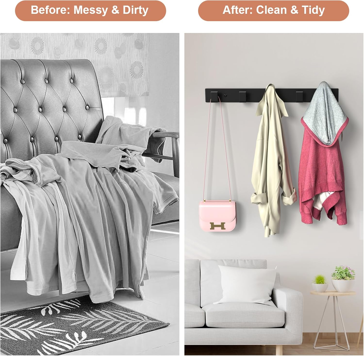 PMMASTO Coat Rack Wall Mount, Coat Hooks Wall Hooks for Hanging, Stainless Steel Coat Hanger Towel Hooks for Bathrooms, Hat Rack (Black 5 Hooks, 2 Pack)