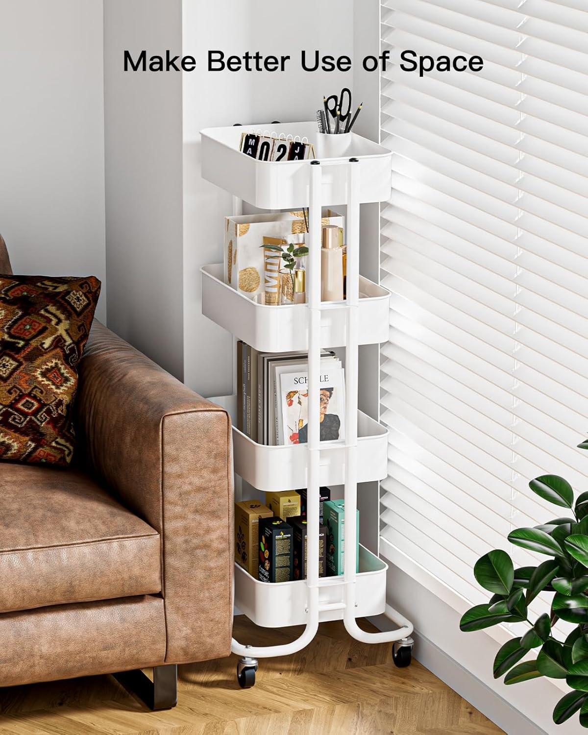 Pipishell 4 Tier Metal Rolling Utility Cart, Heavy-Duty Storage Rolling Cart with 2 Lockable Wheels, Multifunctional Mesh Organization Utility Cart for Kitchen Dining Room Living Room, PIUC13W