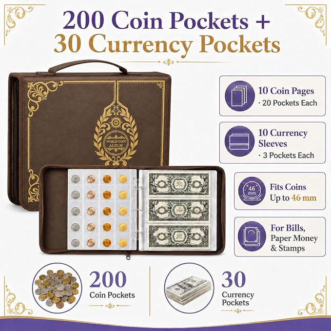 Coin Collection Book Holder for Collectors, 200 Pockets Collecting Album& 30 - Image 2