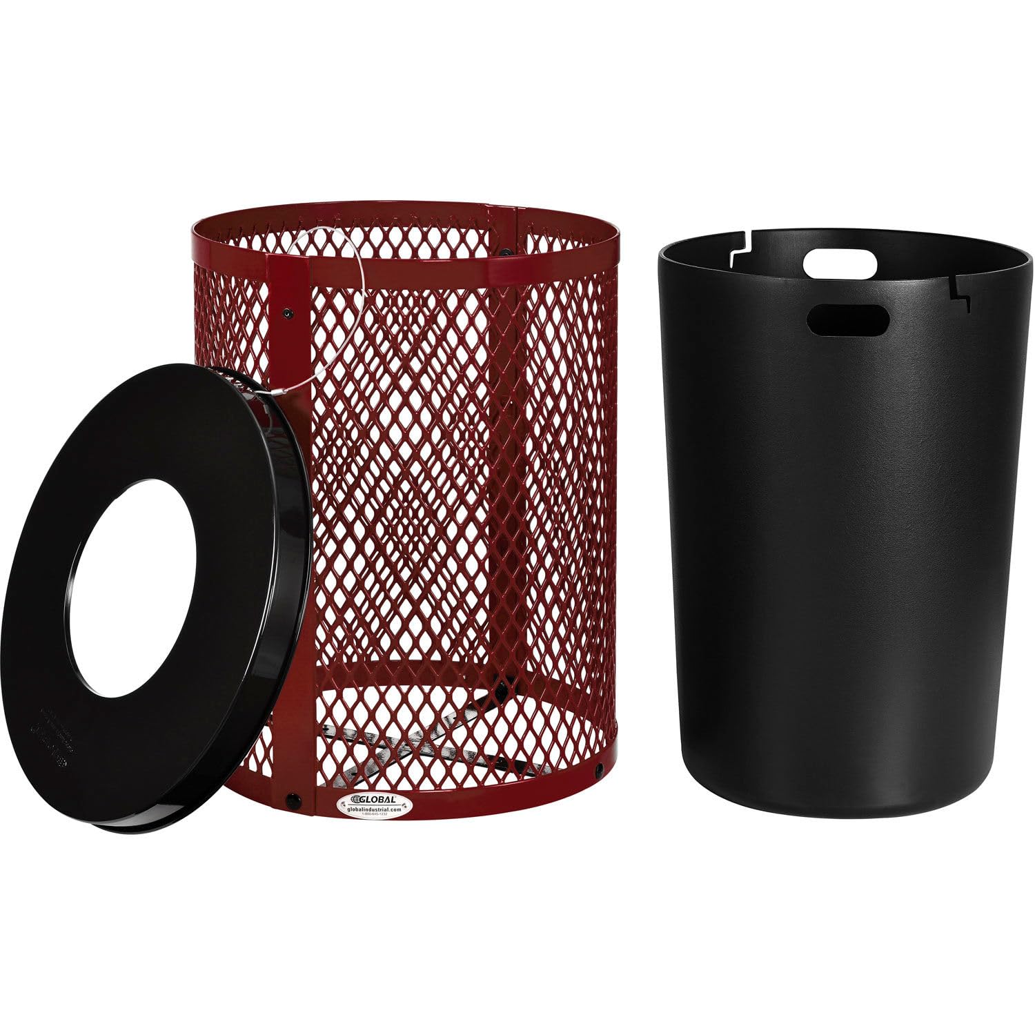 Global Industrial Outdoor Diamond Steel Trash Can with Flat Lid and Plastic Liner, 36 Gallon Capacity, Red, Thermoplastic Coating, 23-1/2" Diameter, 30" H