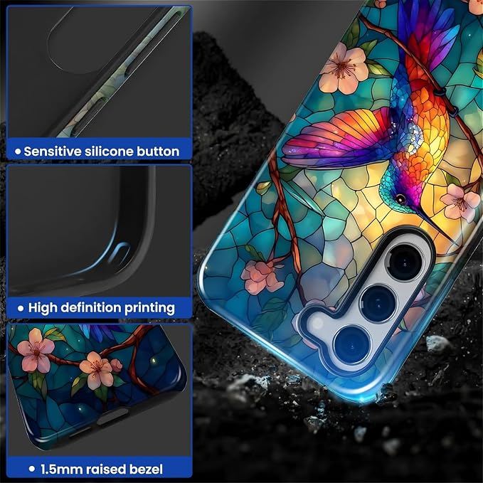 for Samsung Galaxy S23 Case, Stained Glass Hummingbird Pattern Glossy 2 in 1 - Image 4