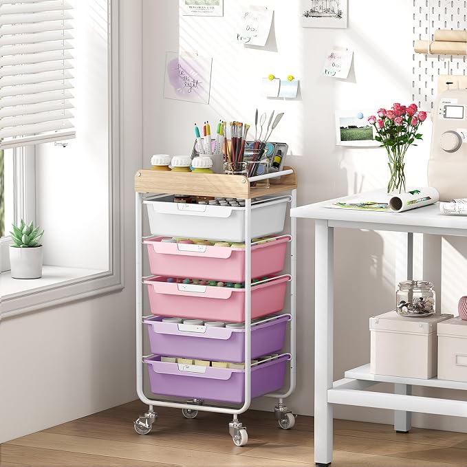 SYKIARIOL Utility Cart with 5 Labeling Drawers and Wooden Tabletop – Rolling - Image 2