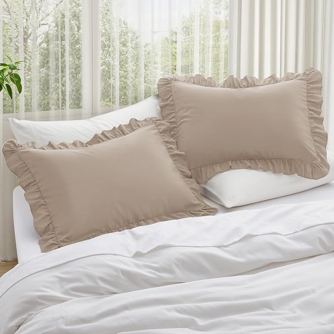 KKJIAF Ruffle Pillow Cases Queen Size Set of 2, Khaki Ruffled Pillow Covers - Image 2