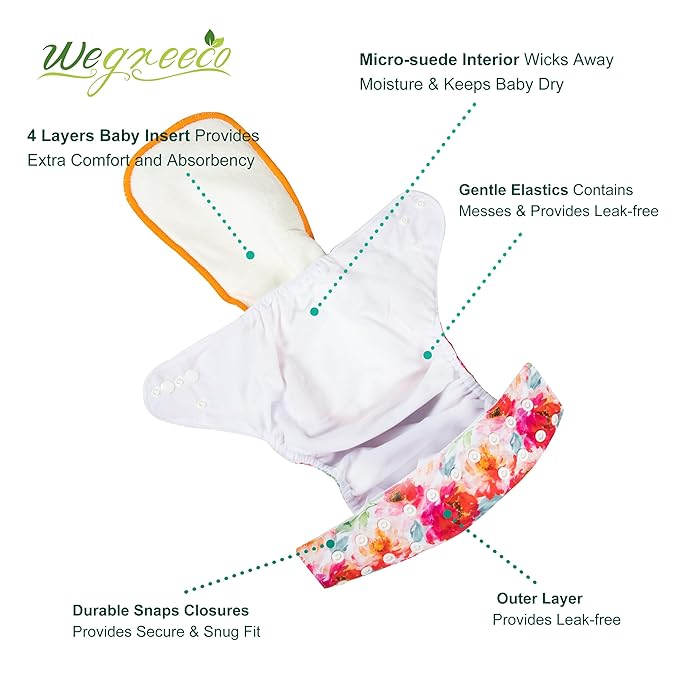 Wegreeco Cloth Diapers 6 Pack with Inserts & Wet Bag, Washable Reusable Diapers for Babies, One Size Adjustable (Chinese Rose)