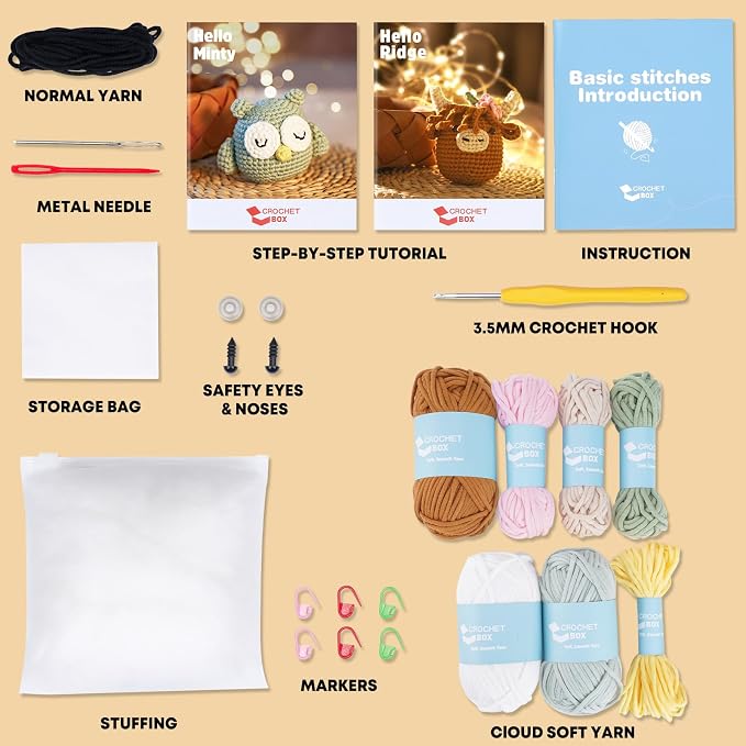 CrochetBox Crochet Kit for Beginner, Highland Cow and Owl Learn How to Crochet - Image 3
