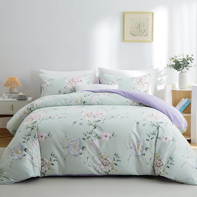 BOLINLIVING Floral Duvet Cover Queen Size 3 Pieces, Flower Duvet Cover by BOLINLIVING