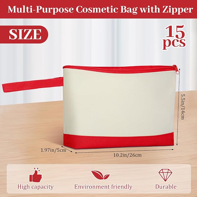 Silkfly 15 Pcs Cotton Canvas Makeup Bags Cosmetic Zipper Bags 10.2 x 5.5 x 2'' - Image 2