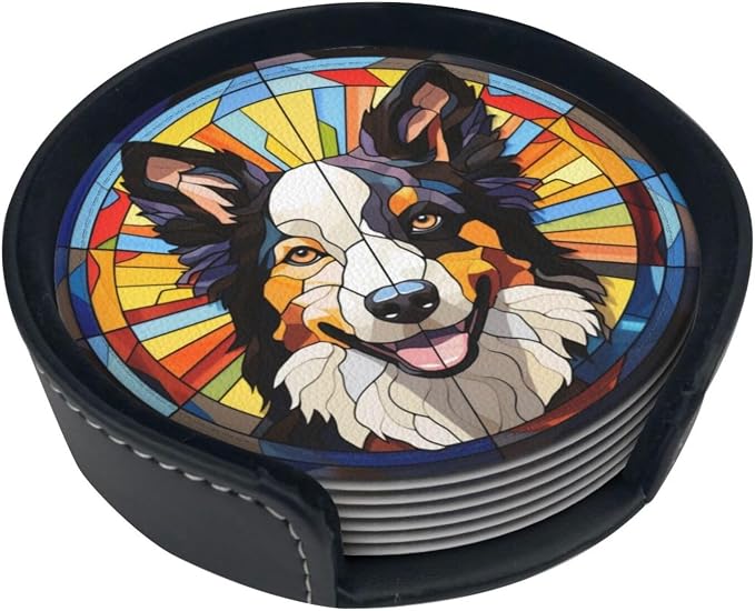 Drink Coaster Set of 6, Border Collie Dog Mom Lover Gift, Leather Drink Coasters by petloverdoglovercommunity