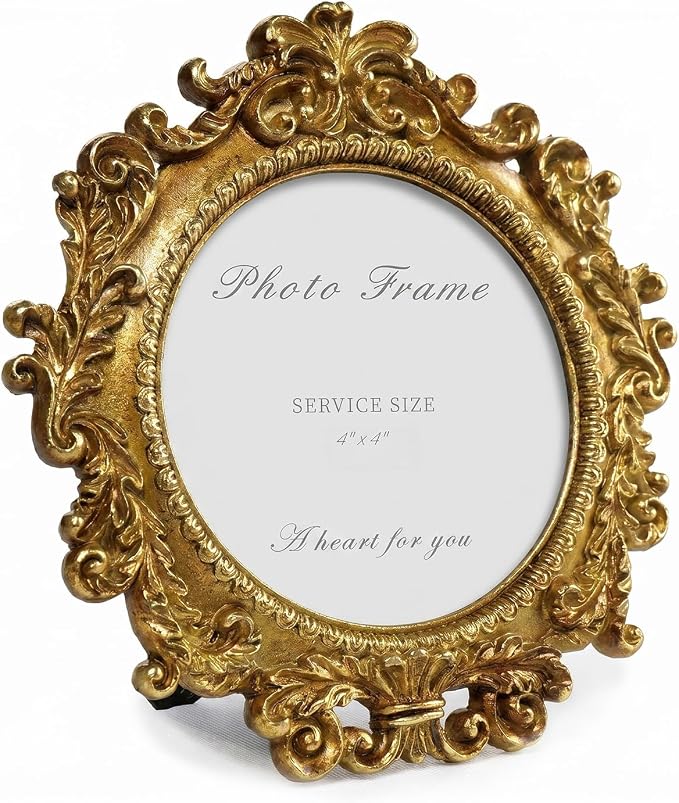 Cuspin Vintage Round Gold Picture Frame 4x4 Inch, Ornate Floral Resin Photo - Image 9