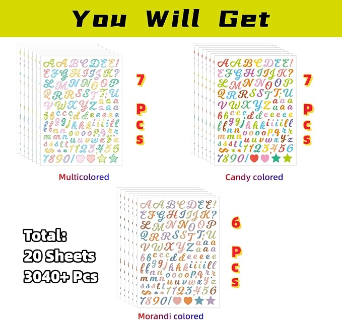 3040Pcs 20 Sheets Small Letter Number Stickers, 1/2inch Colorful Self-Adhesive - Image 3