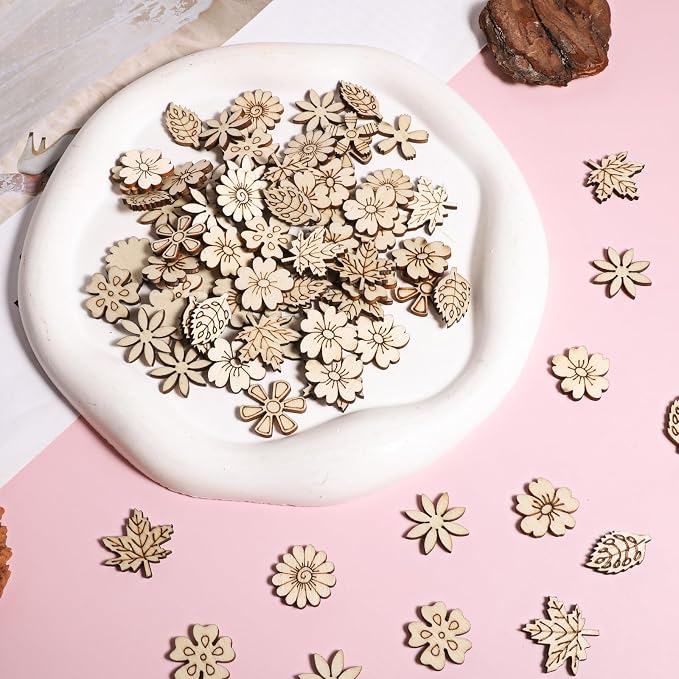 100 PCS Unfinished Wood Flowers Wood Slice Leaf Pattern Cutouts Mini Wooden - Image 6