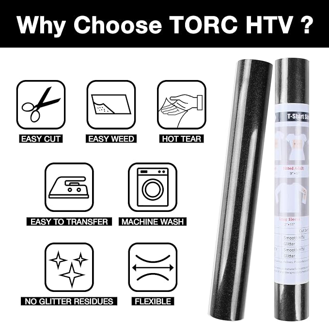 TORC Black Glitter HTV Heat Transfer Vinyl Roll 12 inch x 10 ft Iron on Vinyl - Image 3