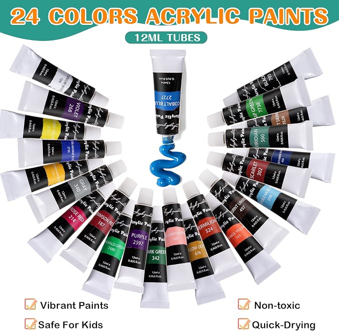 koseibal Acrylic Art Set with 24 Acrylic Paints, 8 DIY Wooden Stencils 5 Canvas - Image 3