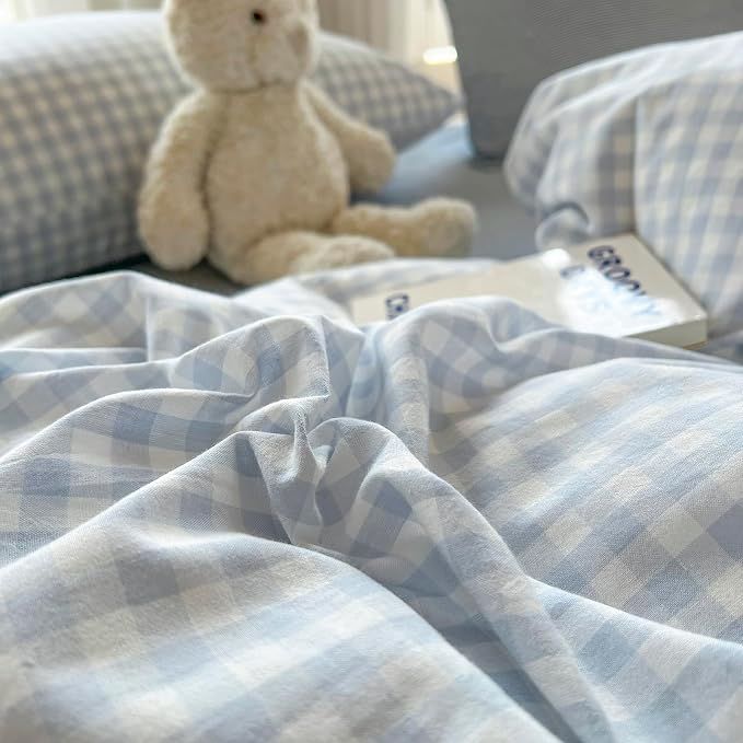 mixinni Light Blue Gingham Duvet Cover Set Queen Size - Image 9