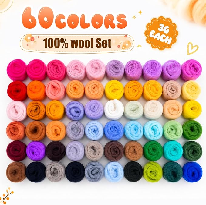 60 Colors Needle Felting Wool, Wool Roving 3g per Color, 6.35 oz Total - Image 2