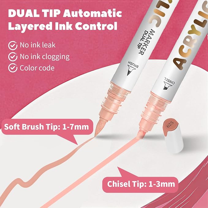 Pink Skin Acrylic Paint Pens, Water Based 12 Colors Dual Tip Acrylic Paint - Image 3