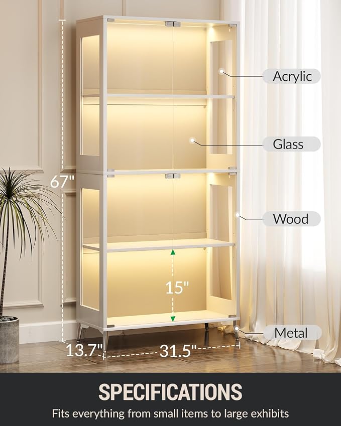 Display Cabinet with Glass Doors, 4-Tier Curio Cabinet, Adjustable Shelves - Image 8