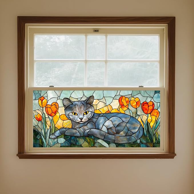 IVN Stained Glass Window Film 39.3x17.7 inch Cat and Tulips Window Privacy Film - Image 4