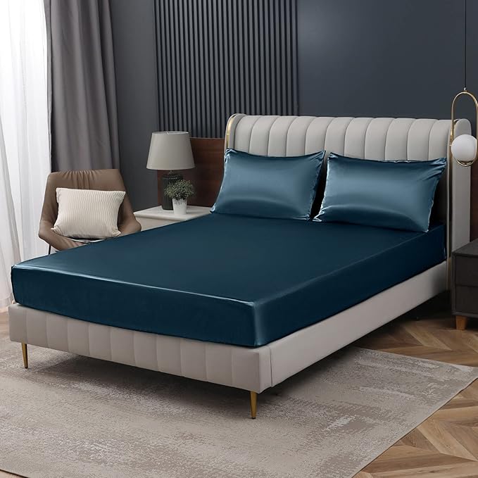Homiest Deep Sea Blue Satin Fitted Sheet Twin Size, Deep Pocket, Luxury & Ultra by Homiest