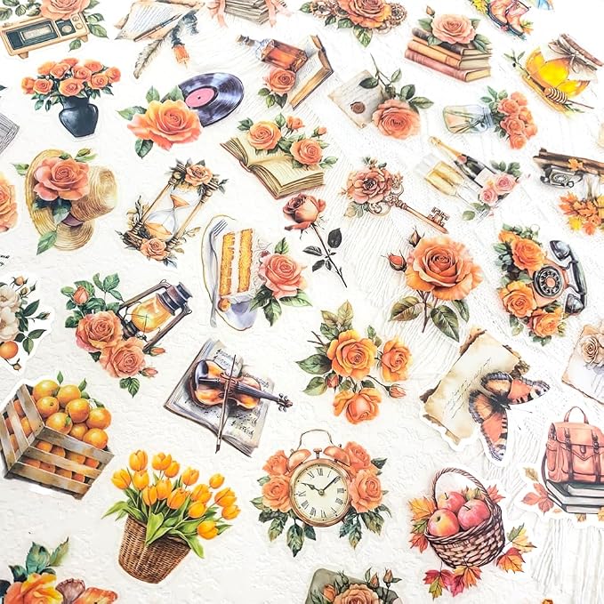 50 PCS Vintage Orange Rose Floral Scrapbook Stickers, Resin Crafts, Retro - Image 2