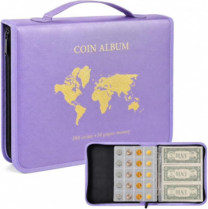 ANKHOH Zippered Coin Collection Book, 200 Pockets and 30 Bill Sleeves | PU by Ankhohstoragehardcase