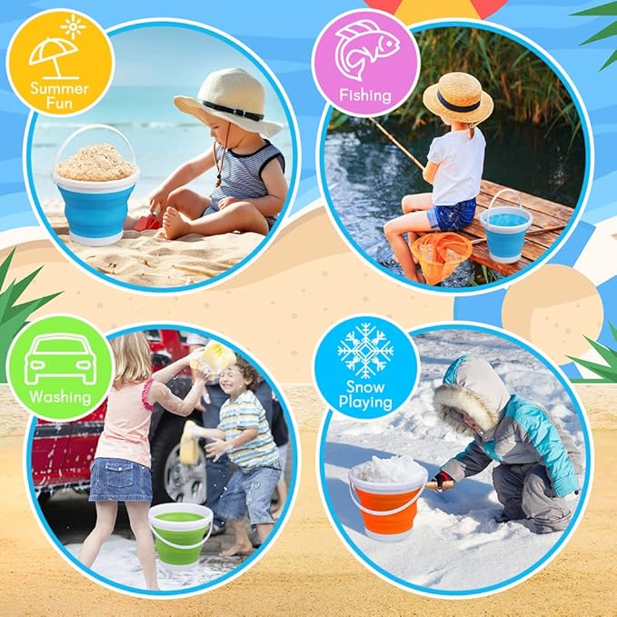 Silicone Beach Foldable Buckets Toys Halloween Bucket, 3L Jumbo Sand Pails Bucket Set with Mesh Bag, Swimming Pool Toys for Kids Adults, Gift Set for Gardening, Travel, Fishing, Cleaning, Camping