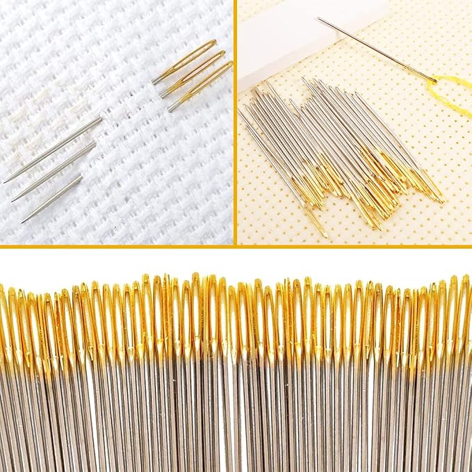 100pcs Cross Stitch Needles +2 Needle Threader Golden Color Large Eyes Cross - Image 6