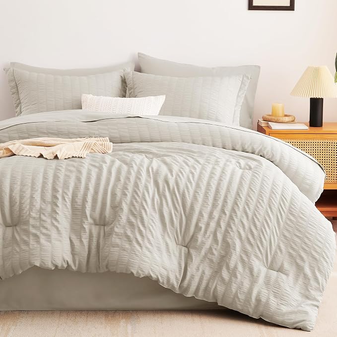CozyLux Queen Comforter Set Beige Seersucker 7 Pieces Bed in a Bag Queen - Image 3