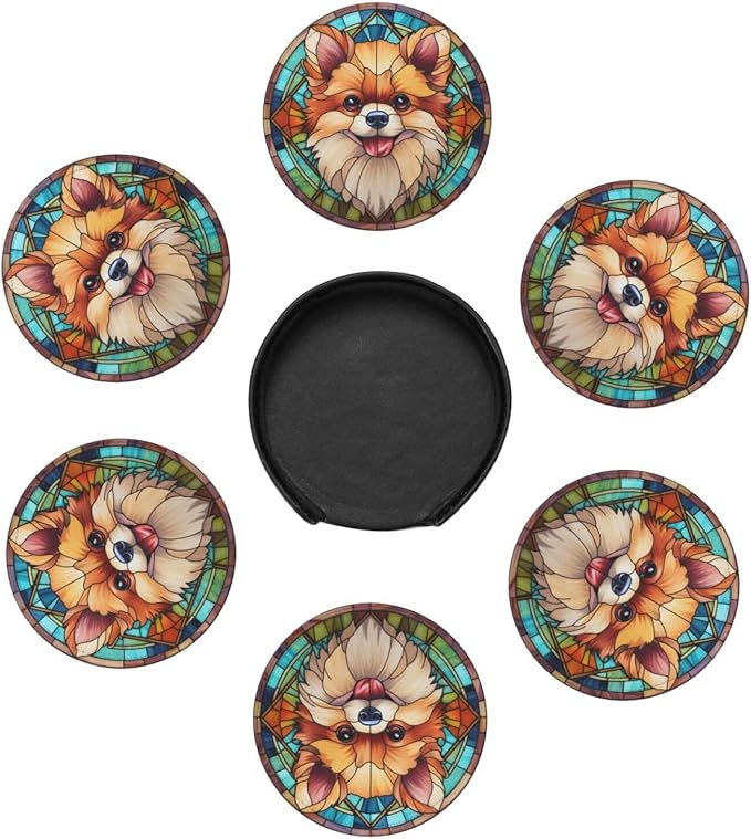 Drink Coaster Set of 6, Pomeranian Dog Mom Lover Gift, Leather Drink Coasters - Image 4