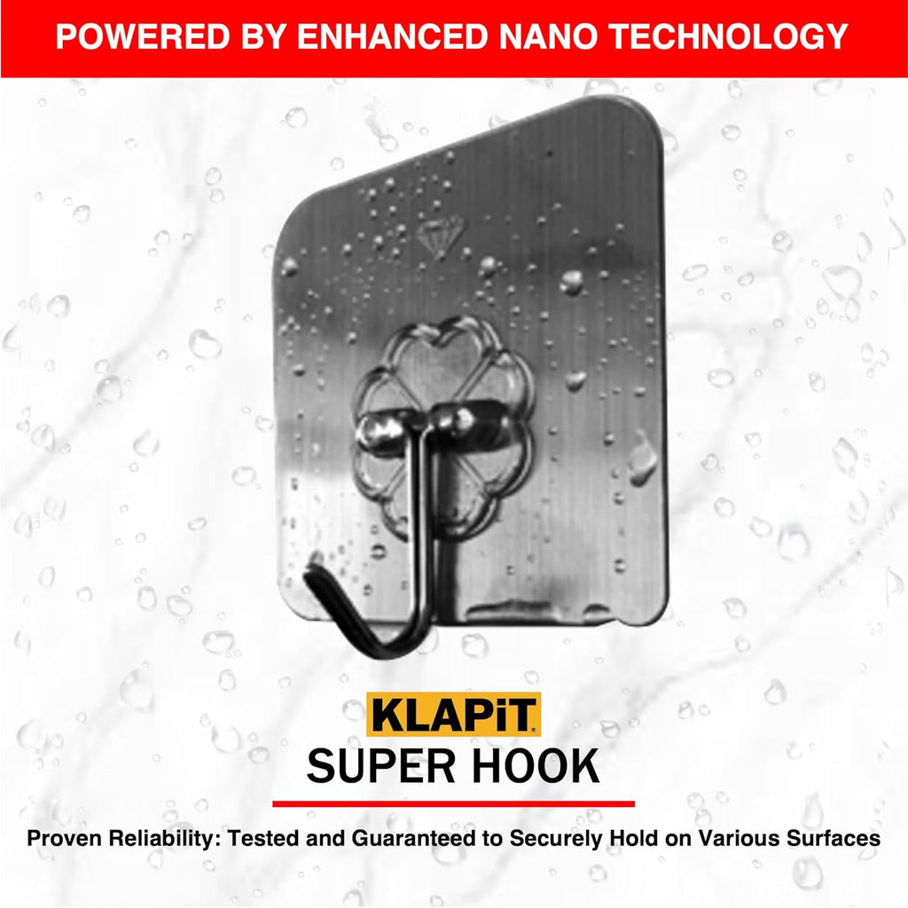 KLAPiT Super Hook - Heavy-Duty Adhesive Wall Hooks, Holds Up to 11 lbs, Waterproof, No Damage, Easy Install on Tile, Wood, Stone, Glass & Metal - Made of Steel (Silver, 8pc)