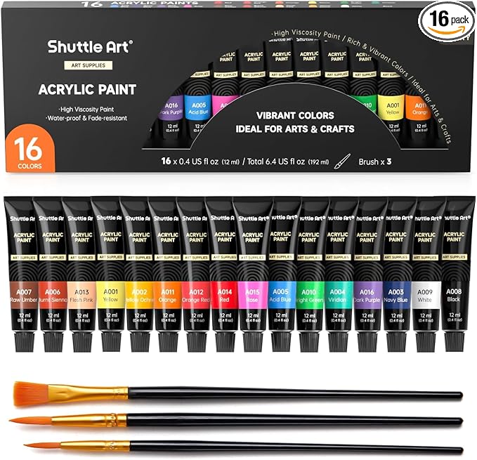 Shuttle Art Acrylic Paint Set, 16 x12ml Tubes Artist Quality Non Toxic Rich by ShuttleArt