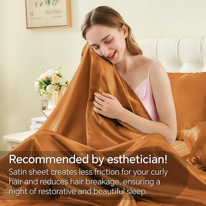 BEDELITE Satin Sheets Full Size Bed Set, Luxury Soft Burnt Orange Silky Sheets - Image 4