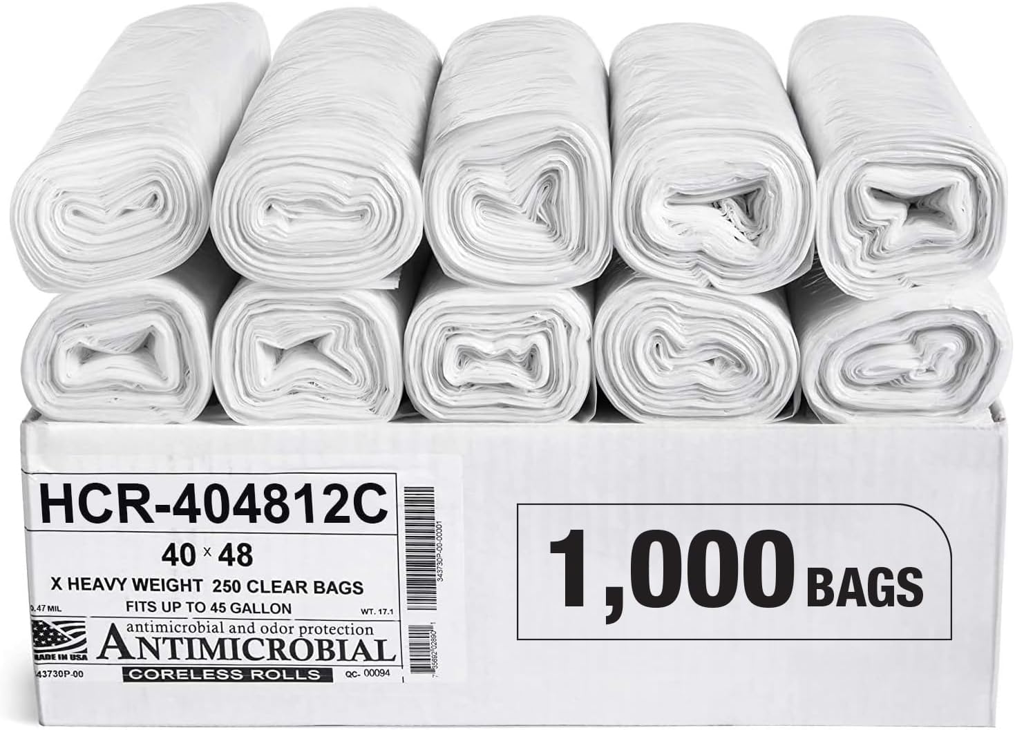 Aluf Plastics High Density Trash Bags, 45 Gallon, 1000 Count, 12 Micron (eq), 40" x 48", Clear, for Bathroom, Office, Industrial, Commercial, Janitorial, Municipal, Recycling