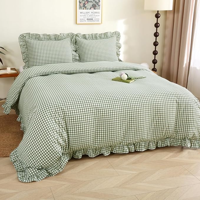 Silnuo Sage Green/White Plaid Ruffle Duvet Cover Full Size, 100% Washed Cotton - Image 2