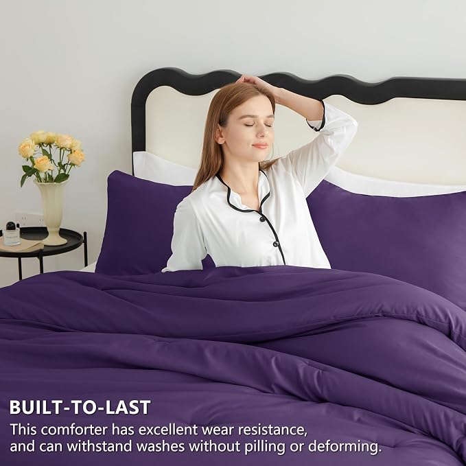 CozyLux King Size Comforter Set Purple, 3 Pieces Solid Comforters King Size - Image 3