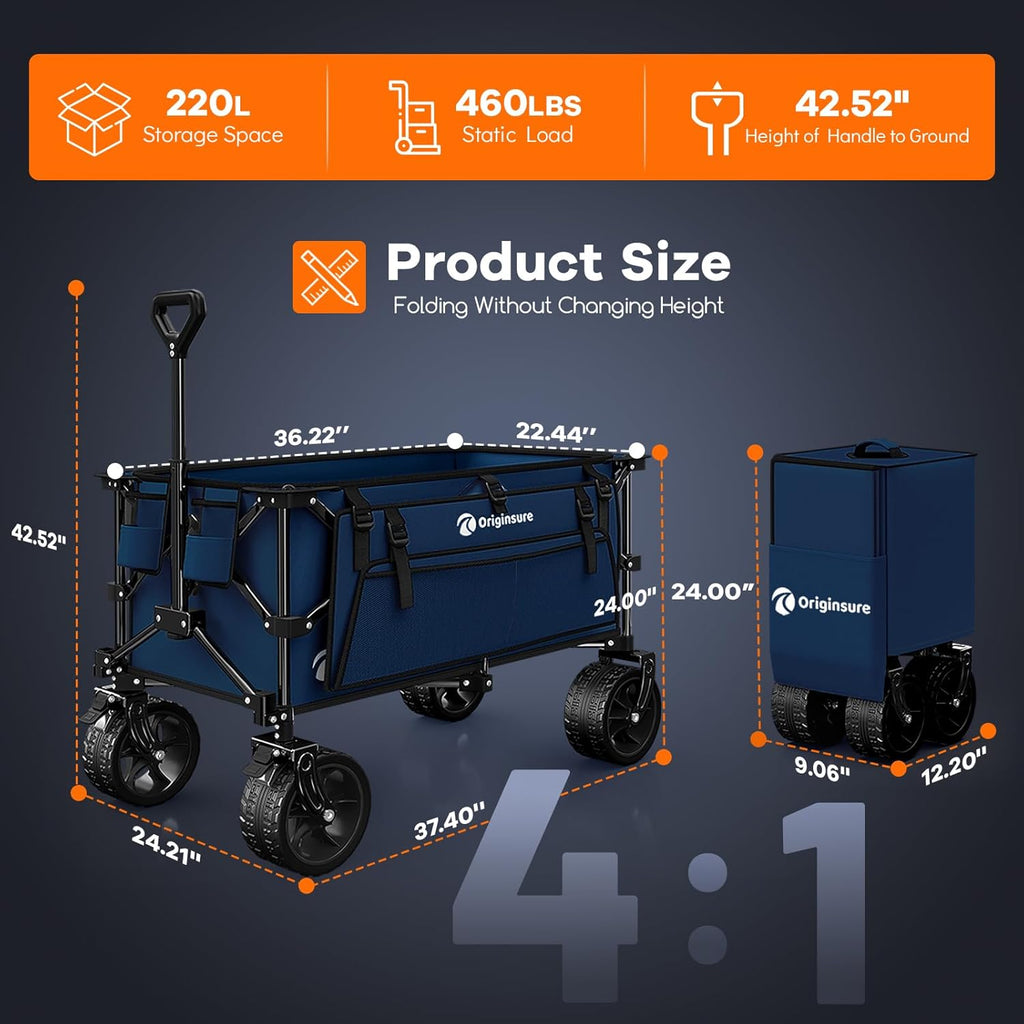 220L Collapsible Wagon Cart Foldable, 460lbs Load Capacity Heavy Duty Folding Beach Wagons with Big All-Terrain Wheels, Utility Carts for Groceries, Shopping, Camping, Sports - Blue