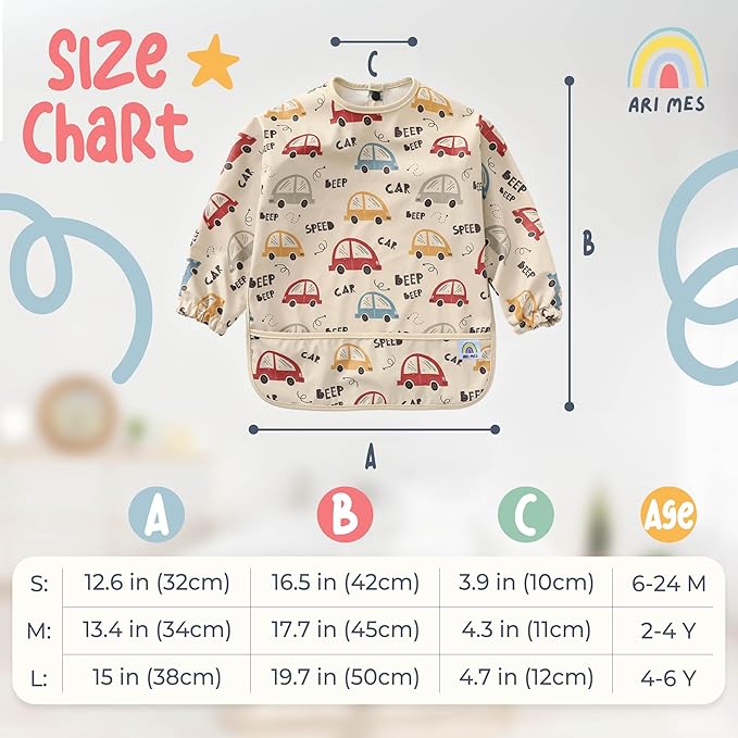 ARI MES Long Sleeves Waterproof Baby Bibs for Eating - Cherries, Small - Wearable, Coverall for Toddler, Long Sleeve Bib, Smock Apron for Feeding - Applicable for 6-72 Months