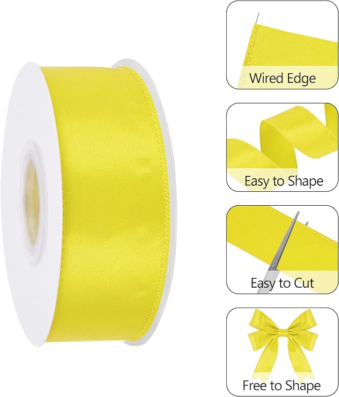 Yellow 1.5 Inch Continuous 25 Yards Satin Wired Ribbon - Image 3