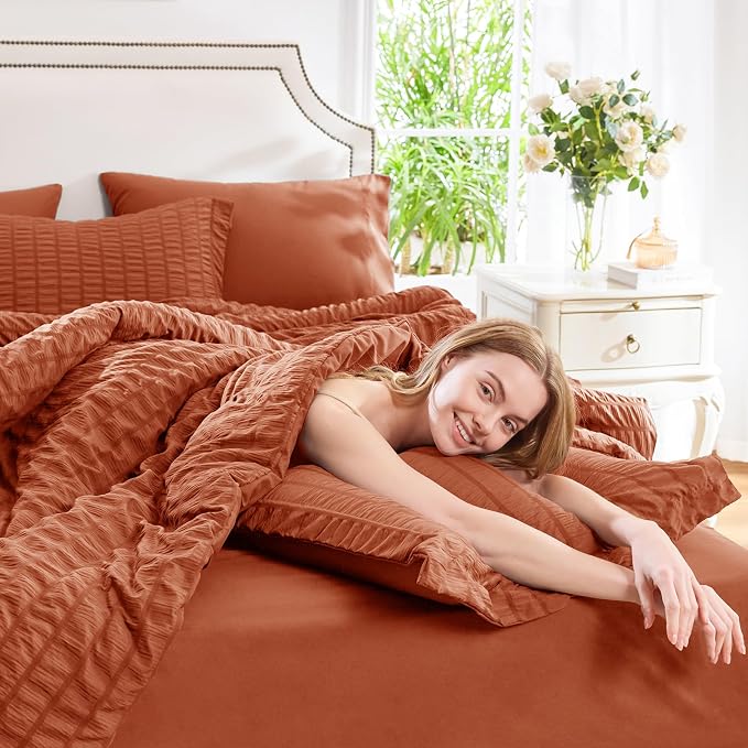 CozyLux King Size Comforter Set Burnt Orange Seersucker 7 Pieces Bed in a Bag - Image 7