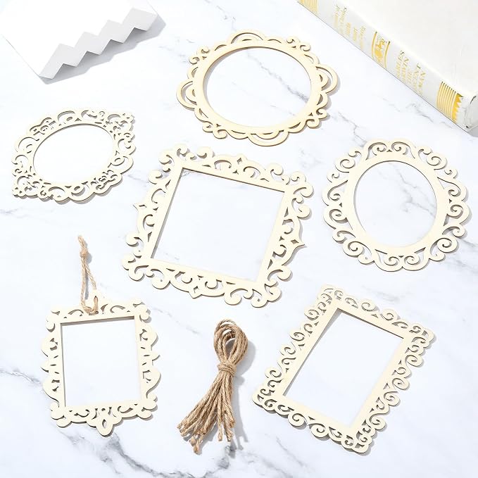 12 pcs 6 Styles Hollow Theme Undyed Wooden Photo Frames Laser Cut Oval Square - Image 6