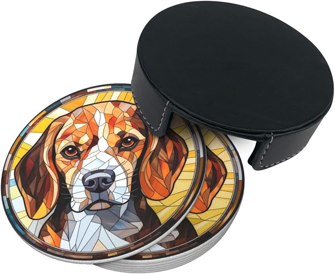 Drink Coaster Set of 6, Beagle Dog Mom Lover Gift, Leather Drink Coasters - Image 3