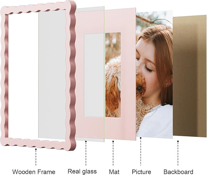 8x10 Picture Frame with Mat for 5x7, Wavy Edge Wooden Real Glass Photo Frame - Image 5